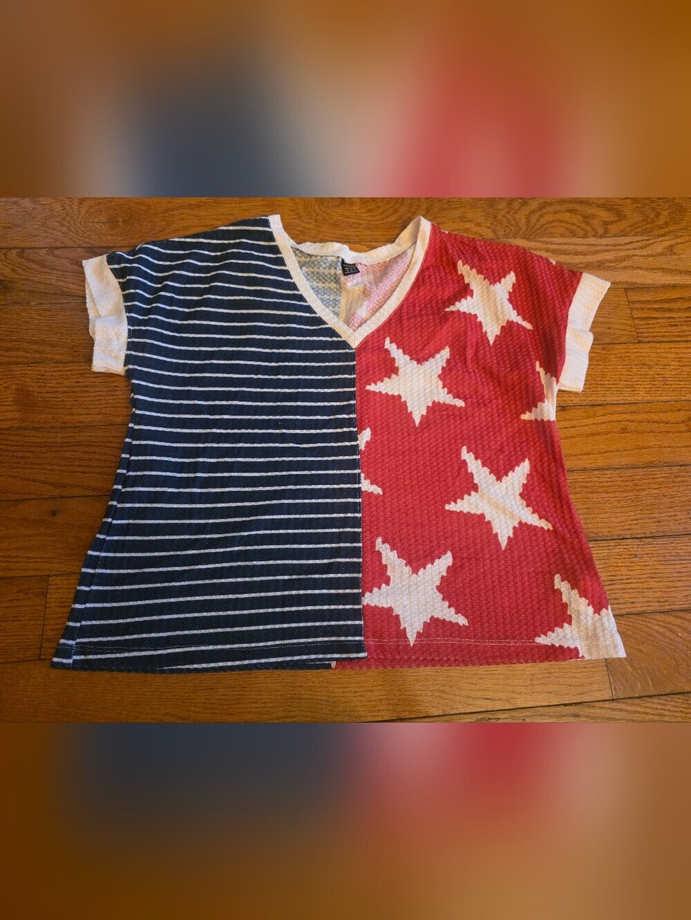 SHEIN Red & Navy Colorblock Star and Stripe V-Neck Tee